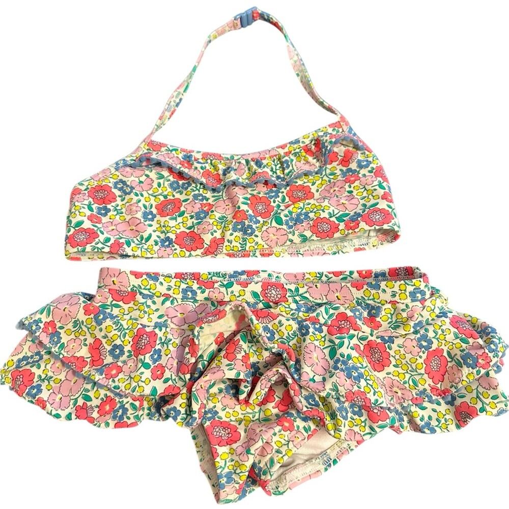 Mini Boden Floral Two Piece Ruffle Bottom Bikini Size 3y/4y Snaps around Neck